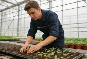 Uitzendkracht werkt in de kas met planten